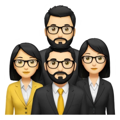 A work group avatar.Layout: two men (middle), two women (sides). Left woman: yellow skin, long black hair, glasses. Middle-left man: yellow skin, short black hair, thick black beard, shirt. Middle-right man: yellow skin, short black hair, no beard, suit. Right woman: yellow skin, long black hair.  sticker