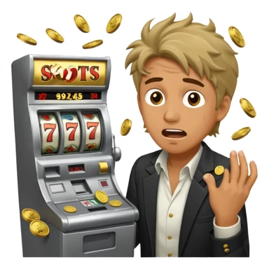 disheveled man losing money at a slot machine, panicked face, coins flying everywhere sticker