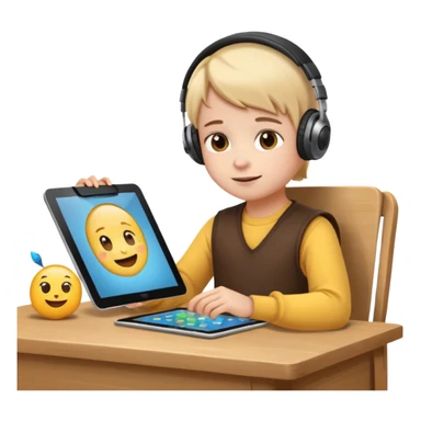 child sitting at a desk with a tablet, learning online emoji sticker