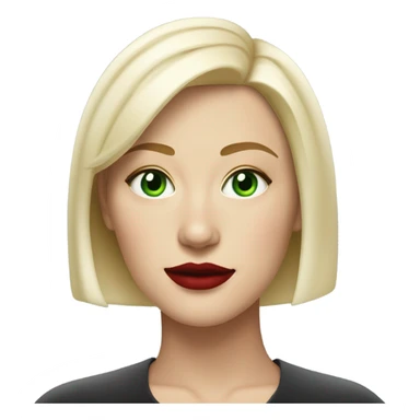A strong white blonde woman with a medium asymmetrical haircut, green eyes, a mole underneath her rub red lips sticker