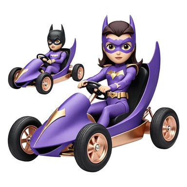 Hot full size real-appearance enclosed electric racing action BatGirl’s feminine midnight-colored tight outfit sixty’s tv show 1992 stealthy retro sporty safe plush petite off-road pursuit cruiser car rose gold accents (black hair,reclined and relaxed torso and shoulders seating position) go kart  sticker