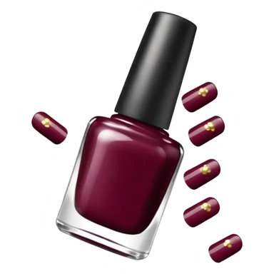 burgundy nail polish bottle, nail polish has light gold iridescence, cap is black with white polka dots, cinematic emoji sticker