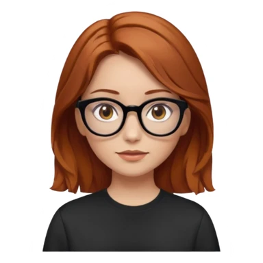 red-brown haired girl, middle length straight hair - wavy towards the ends, brown almond eyes, thick black glasses, oversized shirt sticker