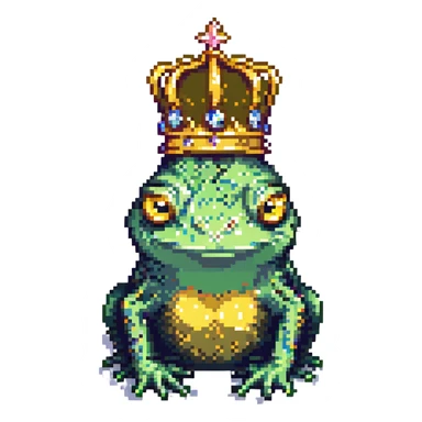 pixel art crowned frog, with a golden crown and big eyes sticker
