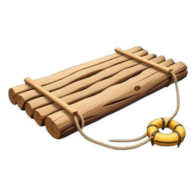 showing a simple wooden raft floating on calm blue water — made of several brown logs tied together with rope — gentle ripples around it — bright, cheerful lighting and soft shadows — minimalist, clean emoji design sticker