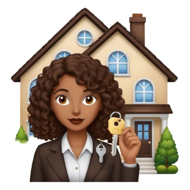 Dark brown lady with medium brown mid length curly hair in real estate job with house and keys sticker