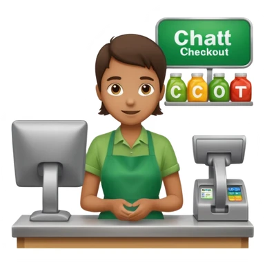 Eine Person wartet an einer Supermarktkasse. Die Kasse ist beschriftet als "Plauderkasse" und im grünen Design. sticker