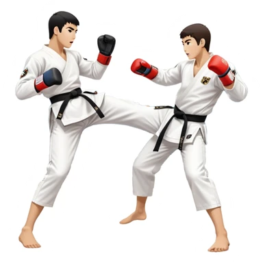 Two taekwondo fighters in traditional white doboks with black belts. One delivers a powerful kick, while the other defends by blocking with his knee. The background shows a professional arena with bright lights and an excited crowd. Transparent background highlights the intense action sticker