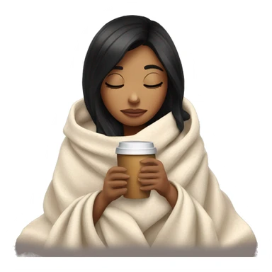 girl inside a blanket sipping coffee eyes closed black hair sticker