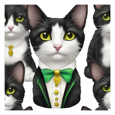 Cute black and white harlequin patterned tuxedo cat with yellow green eyes sticker