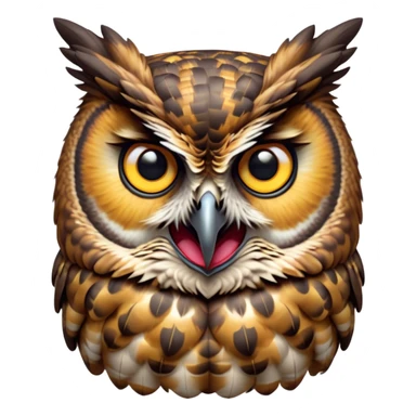 Cinematic Comical Great Horned Owl Portrait Emoji, Head tilted dramatically with an exaggeratedly amused expression, featuring a strikingly patterned mottled plumage with bold contrasts, wide, expressive golden eyes filled with playful disbelief, Simplified yet hilariously expressive features, highly detailed, glowing with a slightly sassy glow, high shine, dramatic yet playful, stylized with an air of cheeky nocturnal mischief, bright and endearing, soft glowing outline, capturing the essence of a spirited and over-the-top owl, so meme-worthy it feels like it could hoot its way into internet fame instantly! sticker