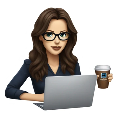 Hyper Realistic Kate Beckinsale dark blue eyes wearing glasses drinking coffee at a laptop  sticker