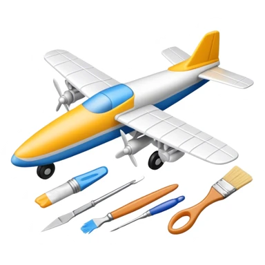 photorealistic icon featuring model-building tools like glue, paint, paintbrushes, pieces of a plastic model airplane in the process of being assembled. The design includes detailed textures of the model pieces and tools, capturing the focus and creativity of model building. Transparent background. sticker
