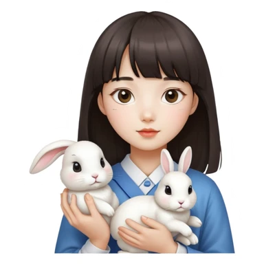 korean girl with bangs holding rabbit sticker