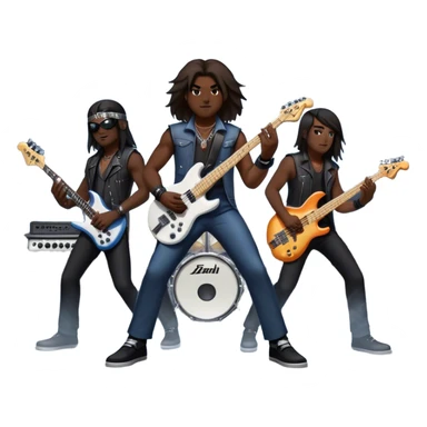 Icon for Metal Music: metal band on stage with 4 musicians playing electric guitars, bass, and drums. The atmosphere is intense, with flashing lights, smoke, and energetic stage presence. The vibe is powerful and electric. Transparent background. sticker