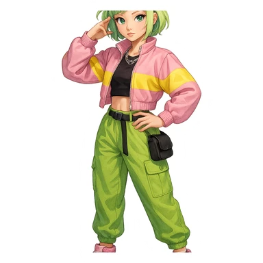 Fluttershy reimagined as a human K-pop idol with short pastel green hair, streetwear-inspired trendy outfit, confident pose, transparent background sticker