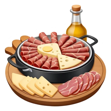 Assiette de charcuterie avec dans un poêlon du fromage a raclette  sticker