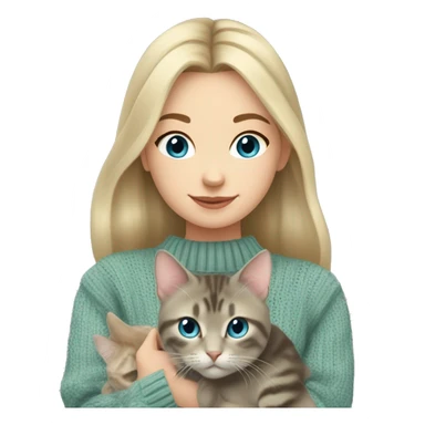 Blond chin lenght hair girl with middle part and blue eyes in a sage sweater holding a grey tabby cat with white paws and face sticker