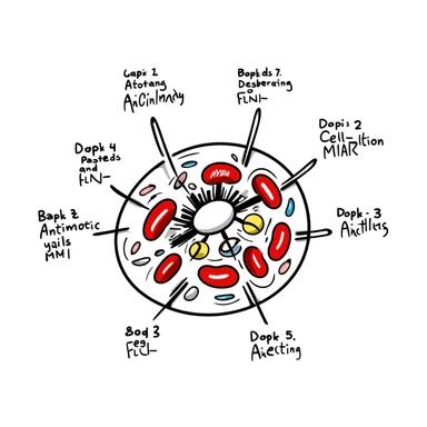 Anatomical diagram of antimicrobial mechanism: red bacteria with labeled parts (cell wall, membrane, DNA) surrounded by yellow antibiotic molecules and blue antimicrobial peptides breaking through cell structures. Hand-drawn scientific illustration with detailed cross-section view. sticker