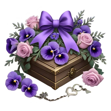 A midnight purple silk bow wraps around a bundle of wilted lavender sprigs, velvety pansies, and blush-violet roses, resting on an aged wooden table. Nearby, an antique silver locket shaped like a heart, engraved with tiny celestial stars, glistens faintly under the dim candlelight. sticker