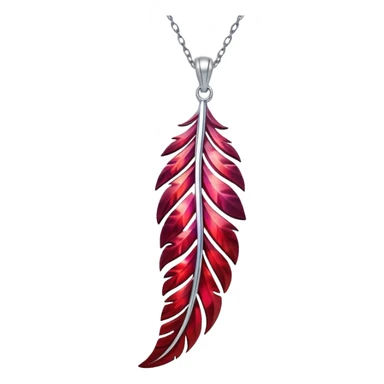 phoenix feather-inspired ruby pendant with cosmic aura, deep red glow, silver chain flowing like water, feather-like textures sticker