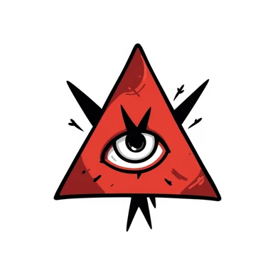 jagged blood-red triangle with a stylized glowing eye in the center, FOE symbol, black doodle style sticker