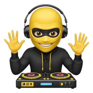 Make a customized yellow head emoji with hands and holding a dj turn table  in a ninja face mask sticker