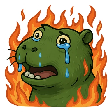 crying capybara, a fire around, bufo style sticker