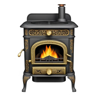 An antique cast iron coal stove from the 1900s with ornate details, small fire visible inside, black metal with brass accents sticker