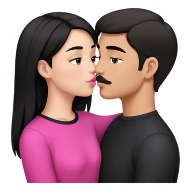 Brunette boy with short hair and black mustache wearing black clothes, kissing white girl with long black hair wearing pink clothes sticker