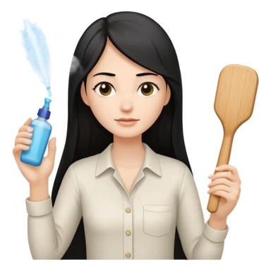 A white woman with long, straight black hair, wearing an ivory-colored shirt, holding a small square wooden paddle hairbrush in her left hand and spraying a hair mist bottle with her right hand toward her hair. sticker