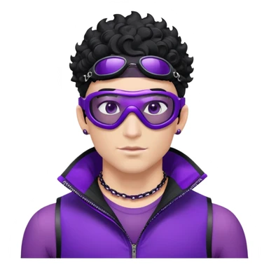 male athlete with white skin and moderately curly black hair on top with shaved sides, wearing ski goggles with purple frames and very dark black lenses, a simple plain black chain necklace, and an open shiny purple vest showing his chest and abs, no earrings sticker