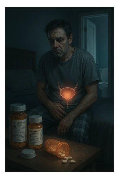 A middle-aged man sits on the edge of his bed in a dimly lit bedroom, looking exhausted and frustrated. On the nightstand beside him are several prescription pill bottles, loosely organized, some open — suggesting long-term medication use. In the background, the bathroom door glows softly, partially open, with a faint reflection of the toilet visible, indicating frequent nighttime trips. The man wears a loose T-shirt and pajama pants, his posture slightly curved as he gently touches his lower abdomen, symbolizing bladder discomfort. His eyes have dark circles, his expression is drained. The color palette is muted blues and greys, with a cinematic soft focus and ambient light highlighting emotional fatigue. A subtle overlay of pill labels and bladder imagery could be added for educational use. sticker
