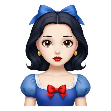 Cinematic Elegant Snow White Portrait Emoji, rendered in a realistic, vector-style with minimal shading and bold, simplified shapes. Depict Snow White (chest and above) with flawless porcelain skin, expressive deep brown eyes, and lustrous raven hair neatly styled with a red bow, wearing her classic blue and gold dress. The image glows with a soft, pure radiance and high shine, capturing timeless beauty and gentle grace. sticker