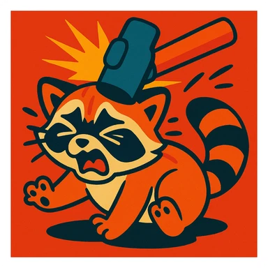 a little raccoon cat being hit by a hammer, expressive, cartoon style sticker