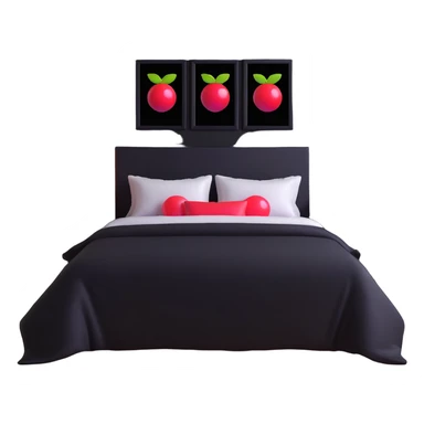 dark bedroom with black walls, black bed frame with black sheets, framed paintings of magic 8 balls and cherries, black nightstand with red LED lights sticker