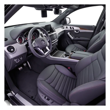 3D style image of the interior of a 2015 Mercedes Benz ML350, black leather seats, dashboard and steering wheel, luxury SUV details, panoramic sunroof view sticker