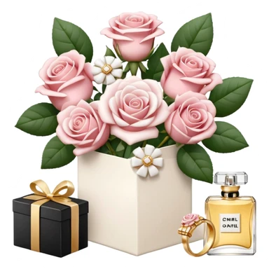 Cute white aesthetic emoji stickers set, including roses bouquet, engagement ring box, envelope with flowers, Chanel perfume, 3D render, glossy texture, delicate details, minimalist background, sticker style,  sticker