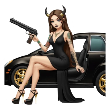 Sensual woman long brown straight haired sexy drug lord woman with tattoos on arm sleeves and black thick butt platform high heels on her feet, and devil black horns on her head, she is holding a skull head and a gun. Sitting on gold car full of cash , long black dress with sexy slit sticker