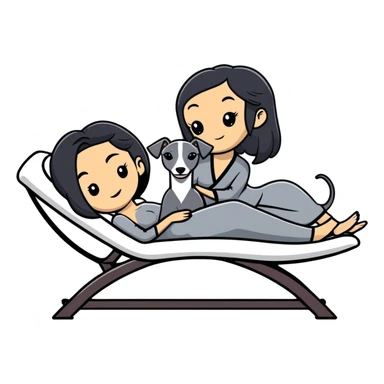 Very thin Chinese woman with long black hair relaxing on a spa lounger with exactly ONE Italian greyhound. CRITICAL REQUIREMENT: the dog must be ONE SOLID DARK CHARCOAL GREY COLOR from nose to tail with NO WHITE or LIGHT AREAS anywhere - NO white face, NO white muzzle, NO white chest, NO white paws, NO white tail tip - NOTHING BUT A SINGLE SHADE OF DARK GREY throughout the entire animal sticker