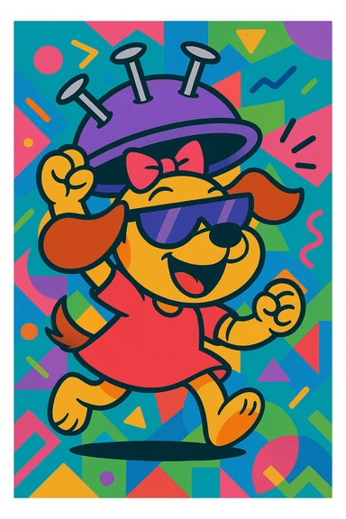 Add a vibrant, colorful background behind the cartoon puppy girl lifting a nail hat, wearing half purple sunglasses, cheerful and energetic. Keep the fun, expressive cartoon style. sticker