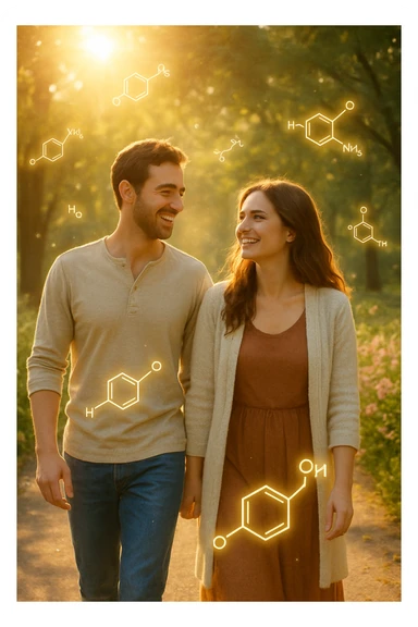 a smiling man and woman walk together along a sunlit park path, surrounded by green trees and blooming flowers. Sunbeams gently illuminate their faces, and subtle, glowing dopamine symbols float around them, symbolizing natural, healthy pleasure. The mood is uplifting and serene. sticker