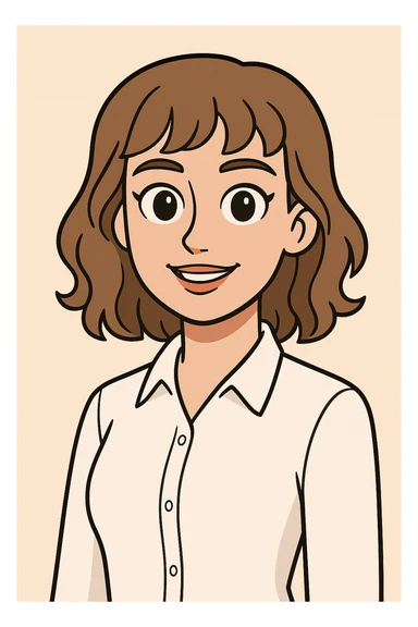 cartoonish AI avatar of a young woman, age 22, brown eyes, light brown shoulder-length hair with gentle curls and bangs, light makeup, in a white dress shirt sticker