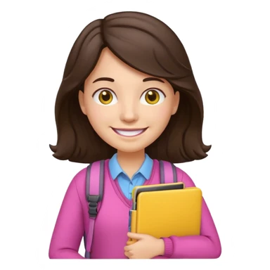 Teacher emoji but : wavy dark brown hair, light western skin, no glasses, dark eyes, with a computer folder in the hand (color is yellow), being a teacher, wearing pink backpack, smile with teeth





 sticker