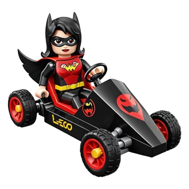 Hot full size real size-appearance electric road racing sexy BatWoman’s feminine midnight-colored tight outfit sixty’s tv show Lego dark stealthy sporty safe plush deluxe off-road pursuit cruiser car rose gold accents (black hair,reclined and relaxed torso and shoulders seating position) go kart  sticker