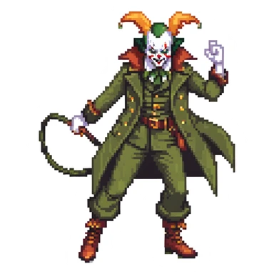 evil clown soldier, bald, small black horns on forehead, fangs, pointed ears, eye patch over one eye, long coat over black and military green clothes with bellbottom pants, tail, holding a different style of whip, realistically proportioned, less bulky, full body, fighting stance sticker