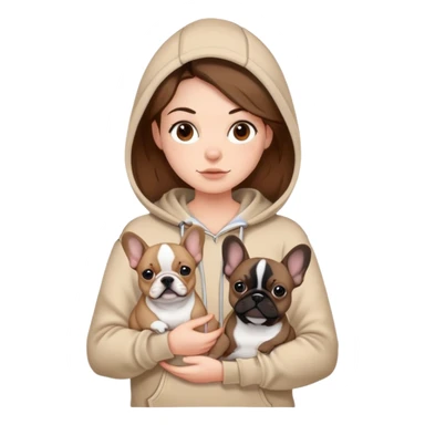 A brown haired girl wearing a beige hoodie is holding two French bulldogs, one beige and one black sticker