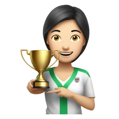 asian happy woman with champion cup sticker