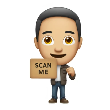 man holding a board saying scan me sticker