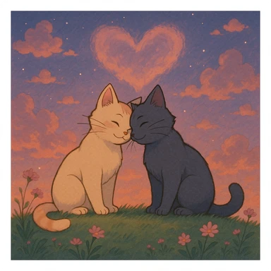two cats in love in a dreamy romantic scene, ghibli style sticker